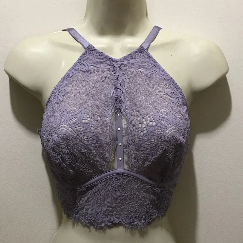 Victorias Secret Very Sexy Plunge Lace Halter High Neck Long Line Bra Lilac 32DD - Picture 6 of 9